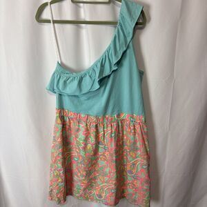 Lilly Pulitzer Dionne One Shoulder Dress Blue Club Resort XL Tropical Floral